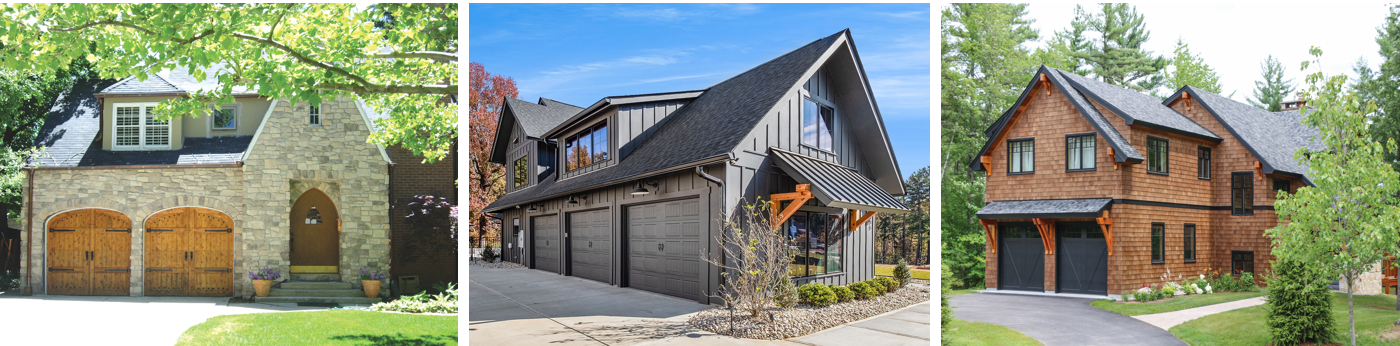 Three homes, different garage doors: stone tudor with arched wood doors, modern farmhouse with dark doors, and craftsman with cedar